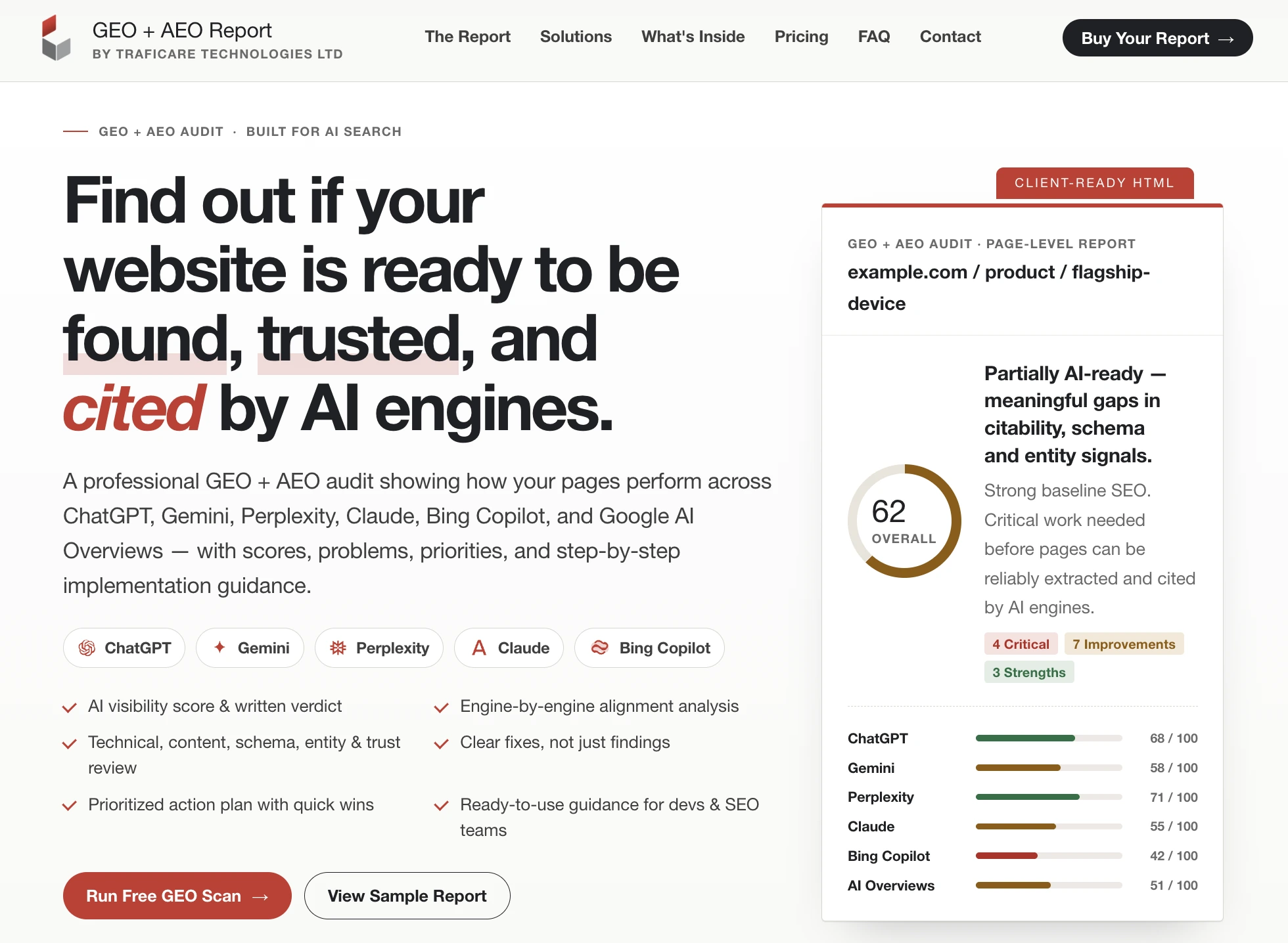 GEO + AEO Analysis Report System landing page screenshot